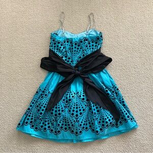 B. Darlin Formal Mini Dress Large Back Bow Turquoise Black Juniors Size 5/6 EUC